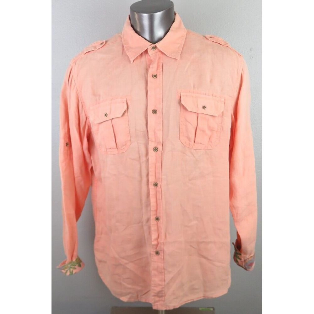 Mens Tailor Vintage Pink Long Sleeve Button Front Shirt Linen Size XL Flip‎ Cuff